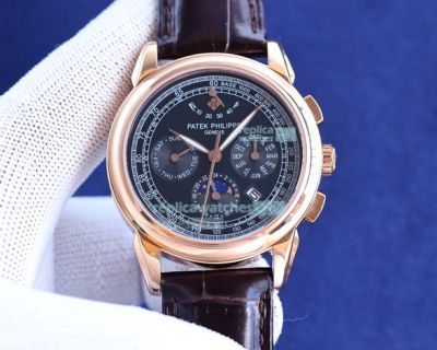 Swiss Patek Philippe Complications 9015 Replica Black Dial Black Leather Strap Watch